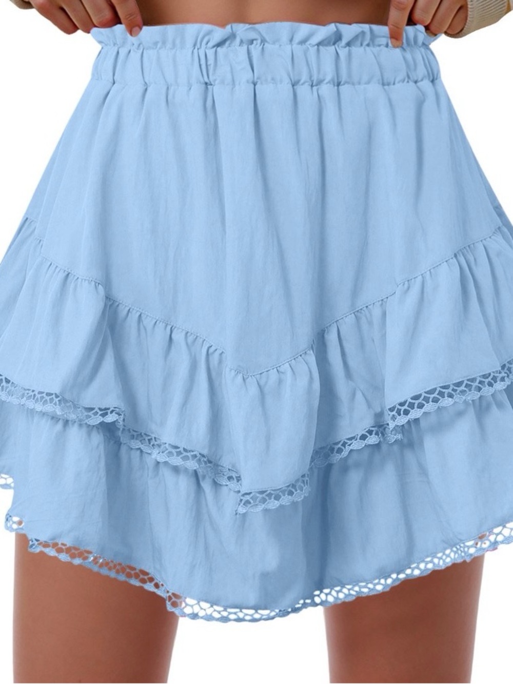 SHEIN Blue Tiered Ruffle Mini Skirt Lace Trim Elastic Waist S/M